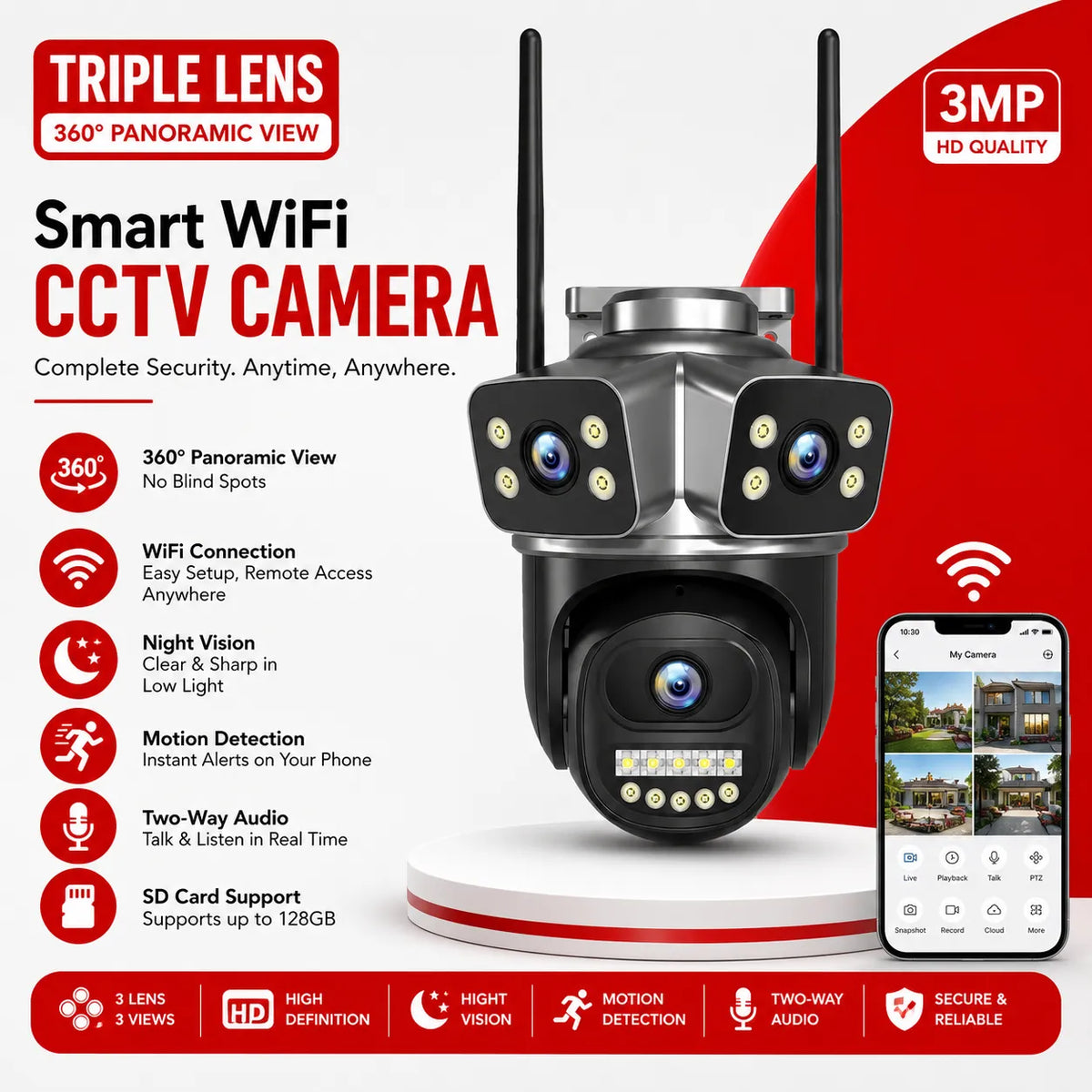 Triple Lens Smart WiFi CCTV Camera: Panoramic Outdoor Security System