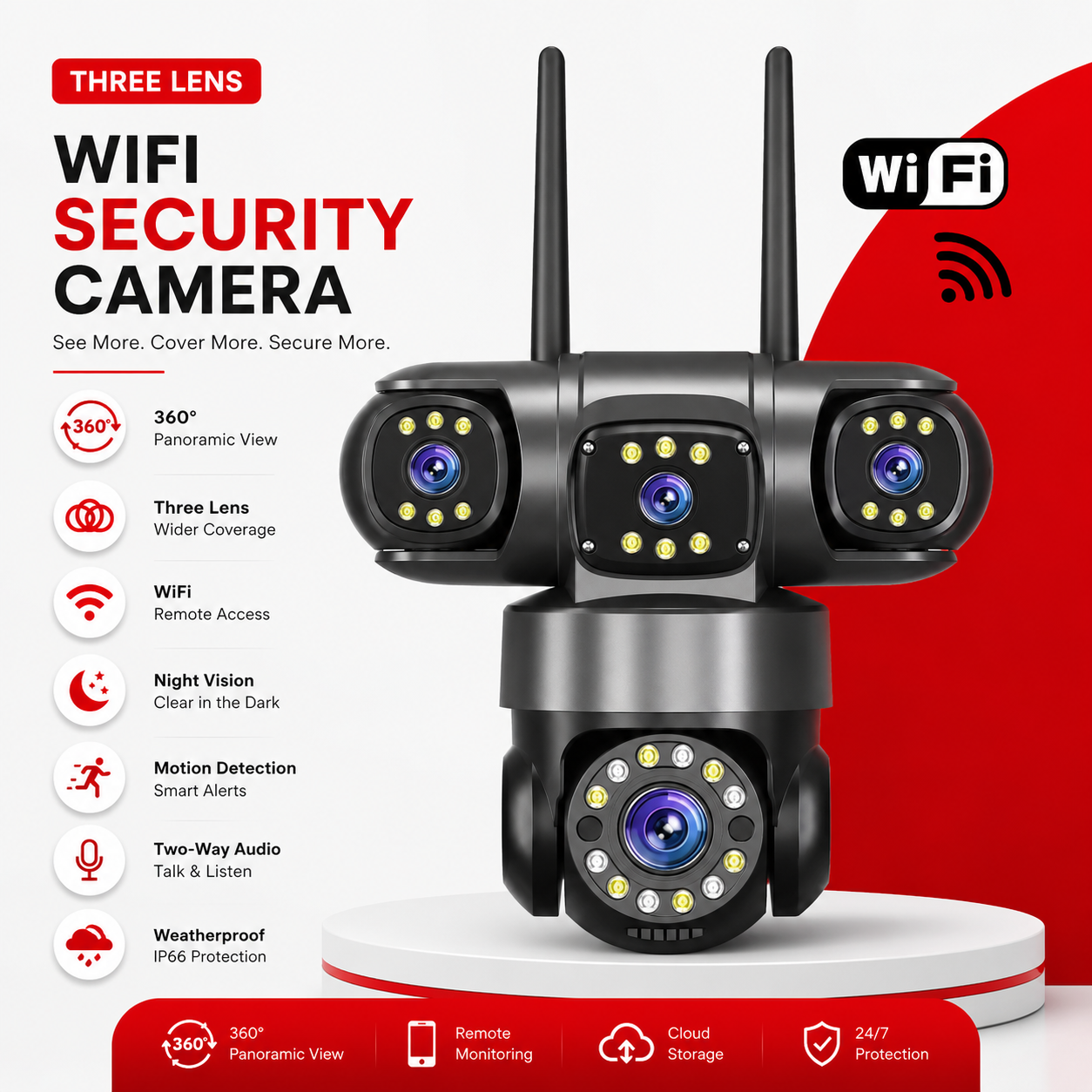 Three Lens Smart WiFi CCTV Camera: Panoramic Outdoor Security System