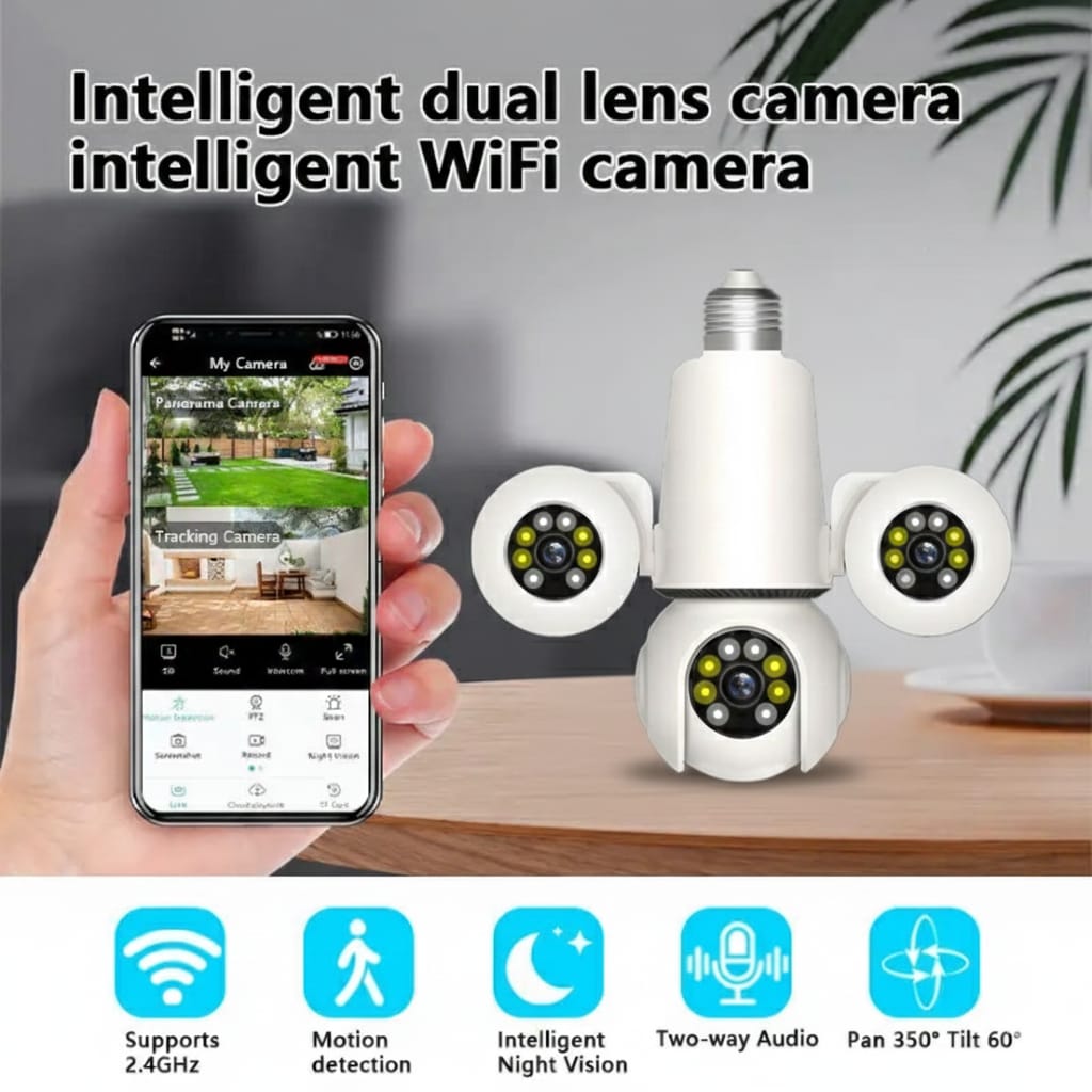 Three Lens Smart WiFi CCTV Camera 360°: Panoramic Indoor Home Security