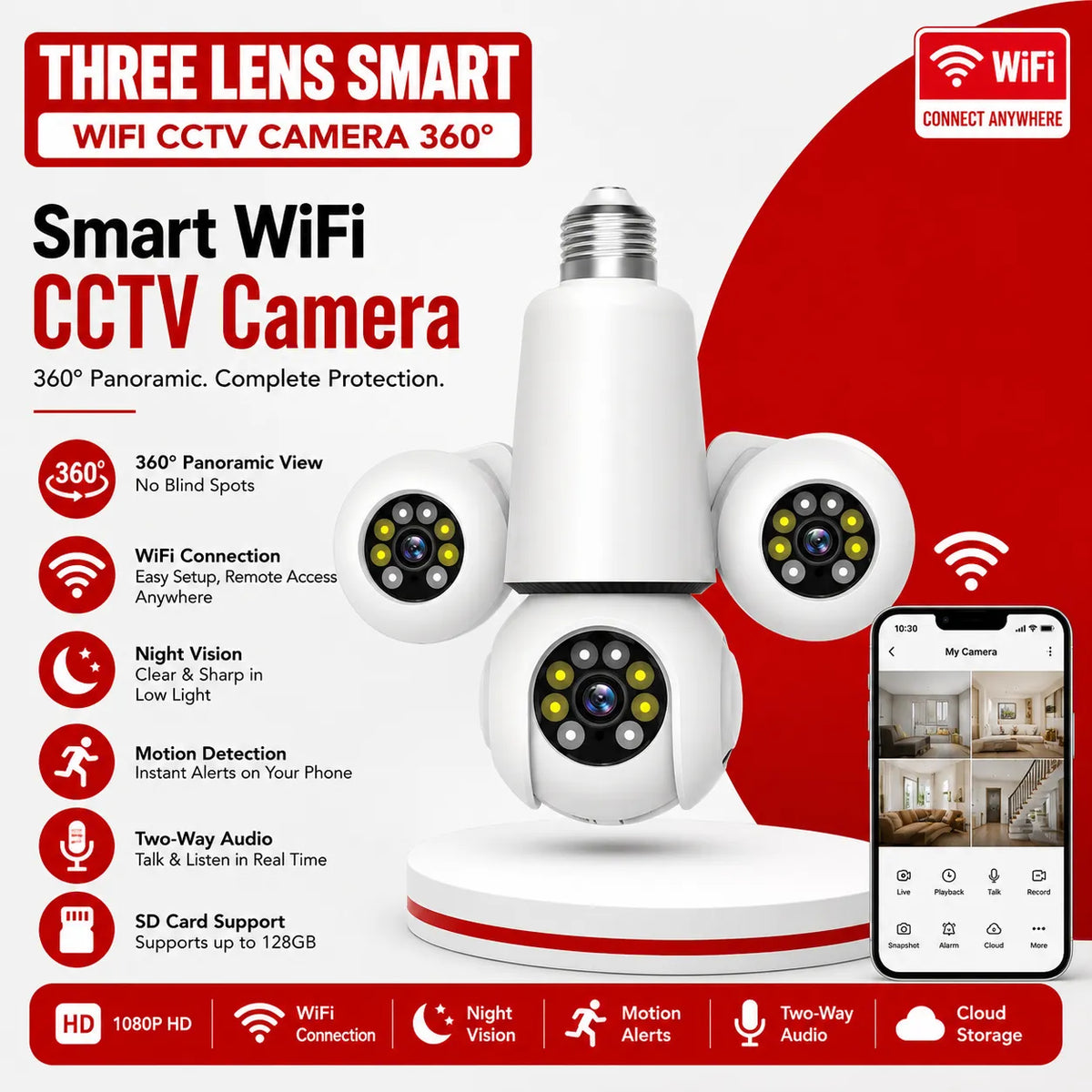 Three Lens Smart WiFi CCTV Camera 360°: Panoramic Indoor Home Security