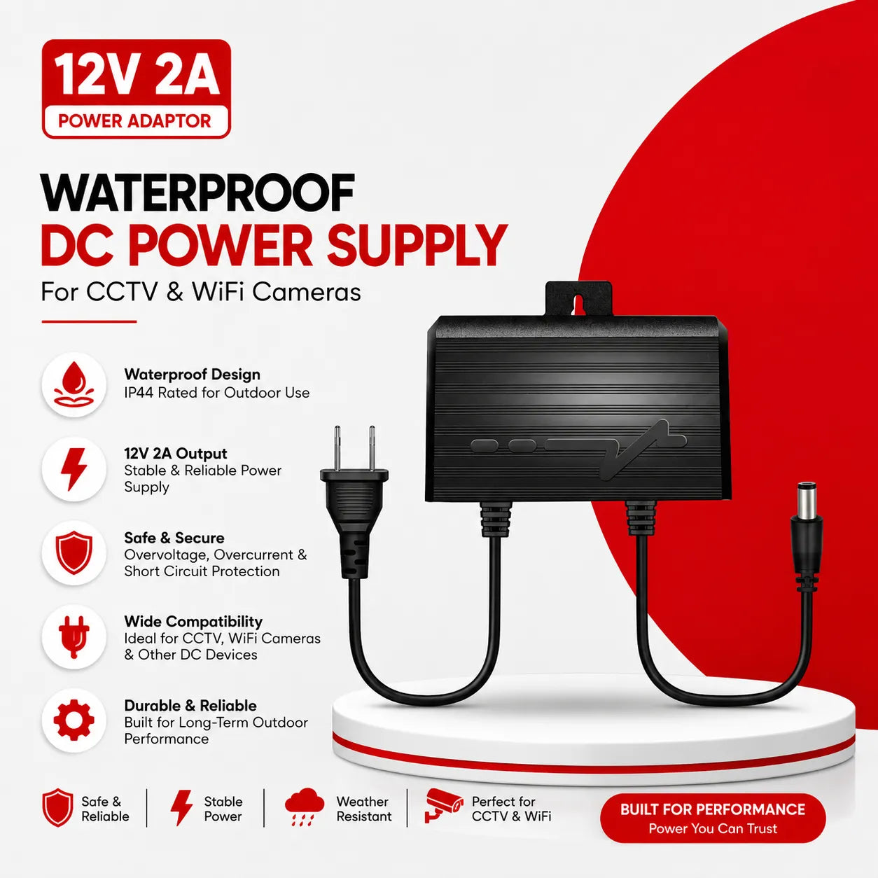 Waterproof 12V 2A DC Power Supply Adaptor for CCTV & WiFi Cameras