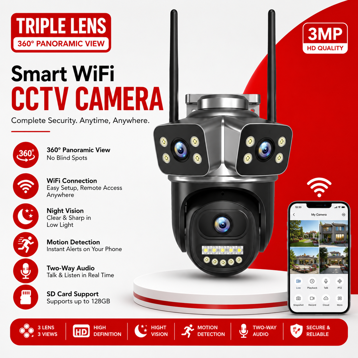 Triple Lens Smart WiFi CCTV Camera: Panoramic Outdoor Security System