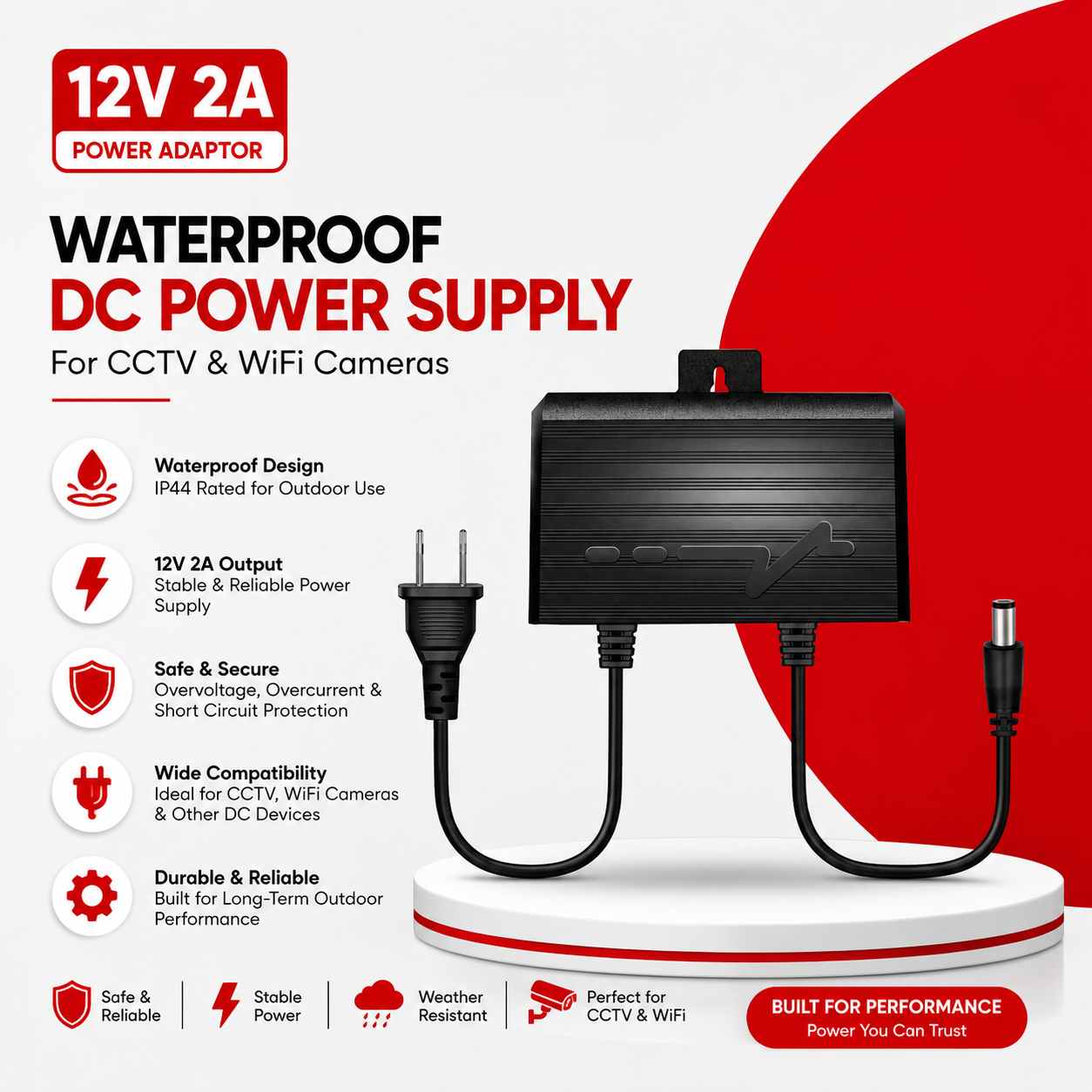 Waterproof 12V 2A DC Power Supply Adaptor for CCTV & WiFi Cameras
